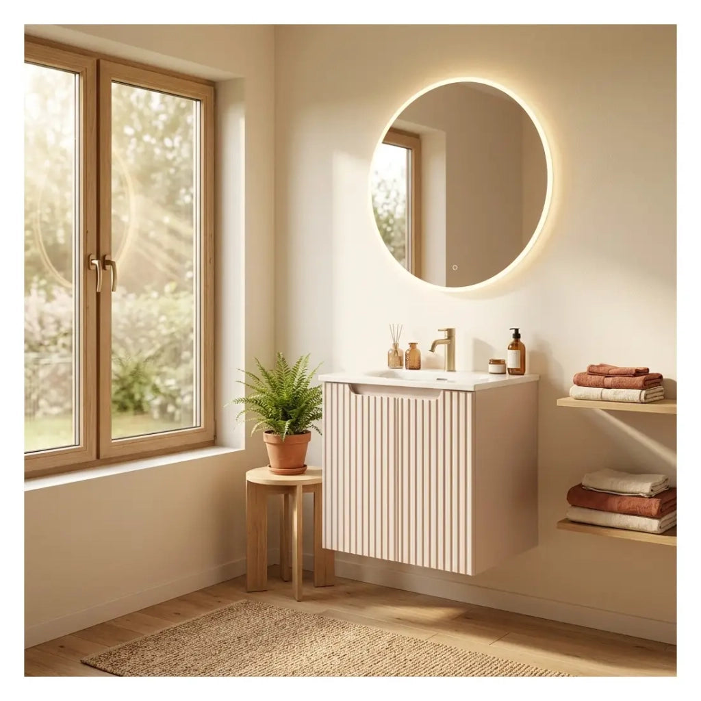 Insieme VANO cachemire e bianco 50cm: mobile sottolavabo con ante a scanalature verticali + lavabo incassato bianco