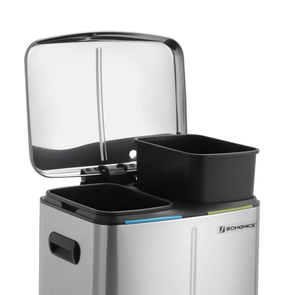 Pattumiera da cucina a 2 secchi 2 x 20 litri doppi secchi interni in plastica coperchio incernierato maniglia chiusura ammortizzata ermetico argento 12_0003614