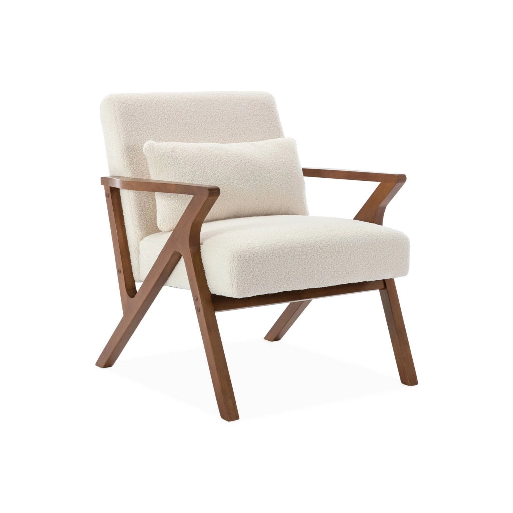 Poltrona scandinava in legno di hevea e bouclé, bianco