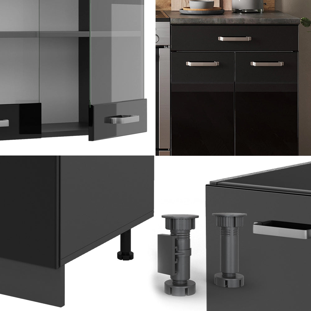Vicco Cucina componibile Nero lucido/antracite 200 cm senza piano di lavoro