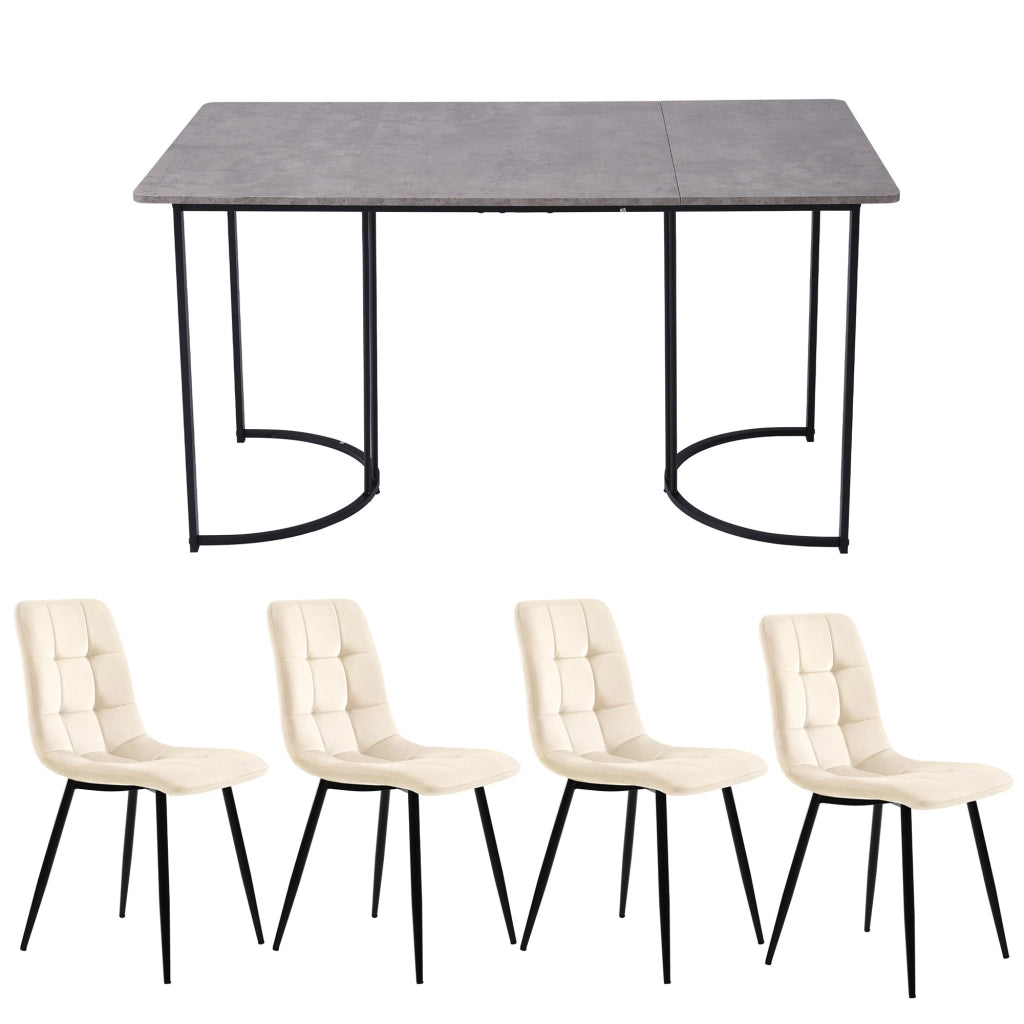 Tavolo da Pranzo Allungabile con 4 Sedie ¨C MINIMAL ¨C Piano MDF Grigio, Gambe Metallo Nero, Velluto Beige, 140x80 cm