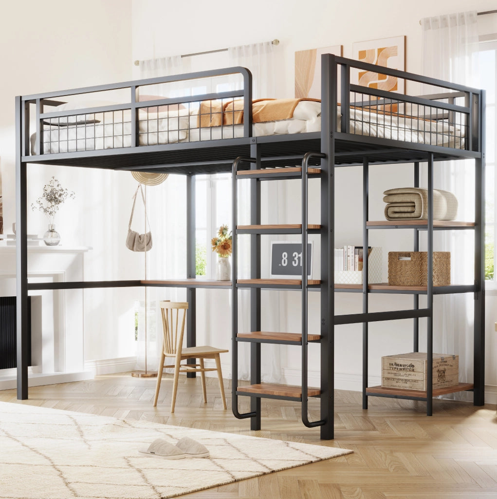 Letto a soppalco in metallo 140x200 cm con scrivania e ripiani, nero