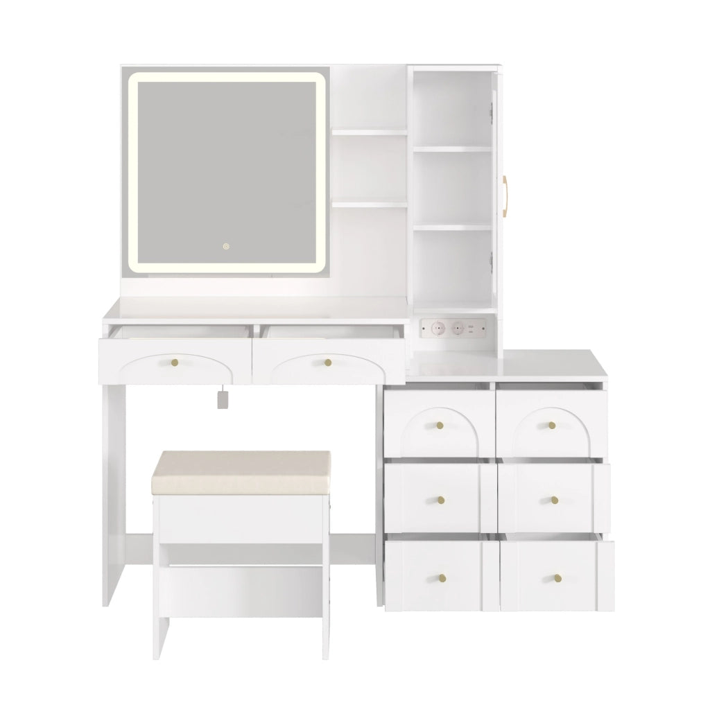 Tavolo da toeletta 131.5x40x140 cm con specchio LED; 8 cassetti e hocker; MDF e vetro; bianco