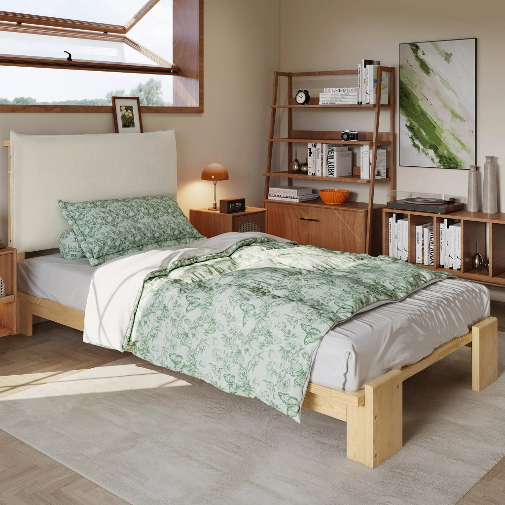 Letto imbottito singolo 90x200 cm naturale con schienale e doghe