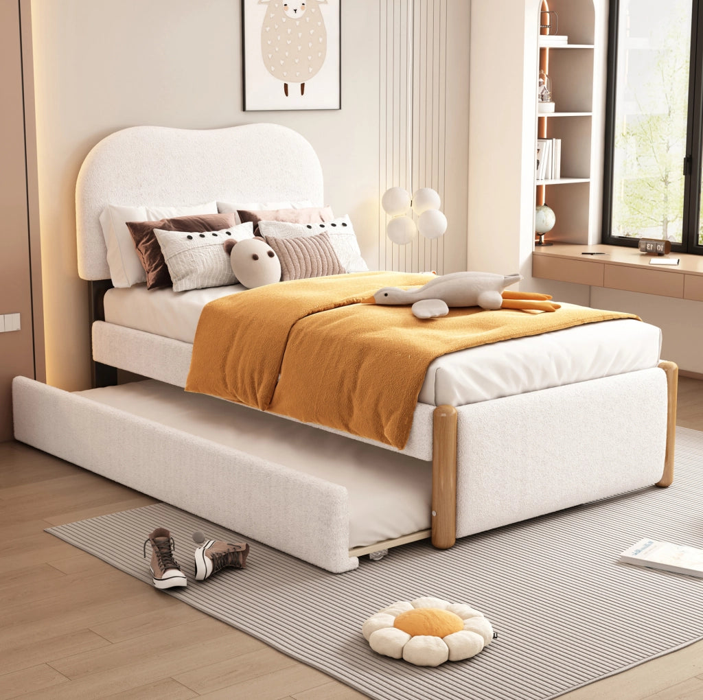 Letto imbottito 90x200 cm con letto estraibile; MDF e plush; bianco