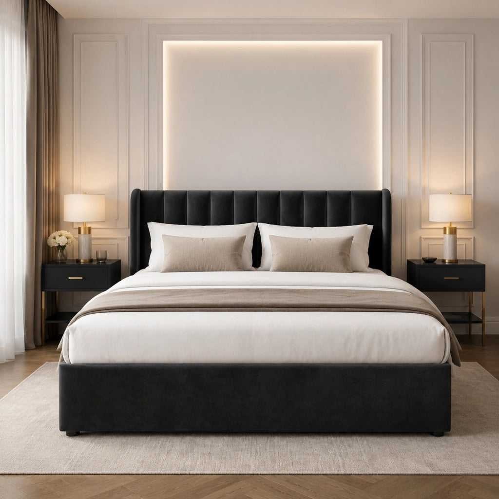 Letto imbottito in velluto nero 140x200 cm con rete a doghe e 2 cassetti
