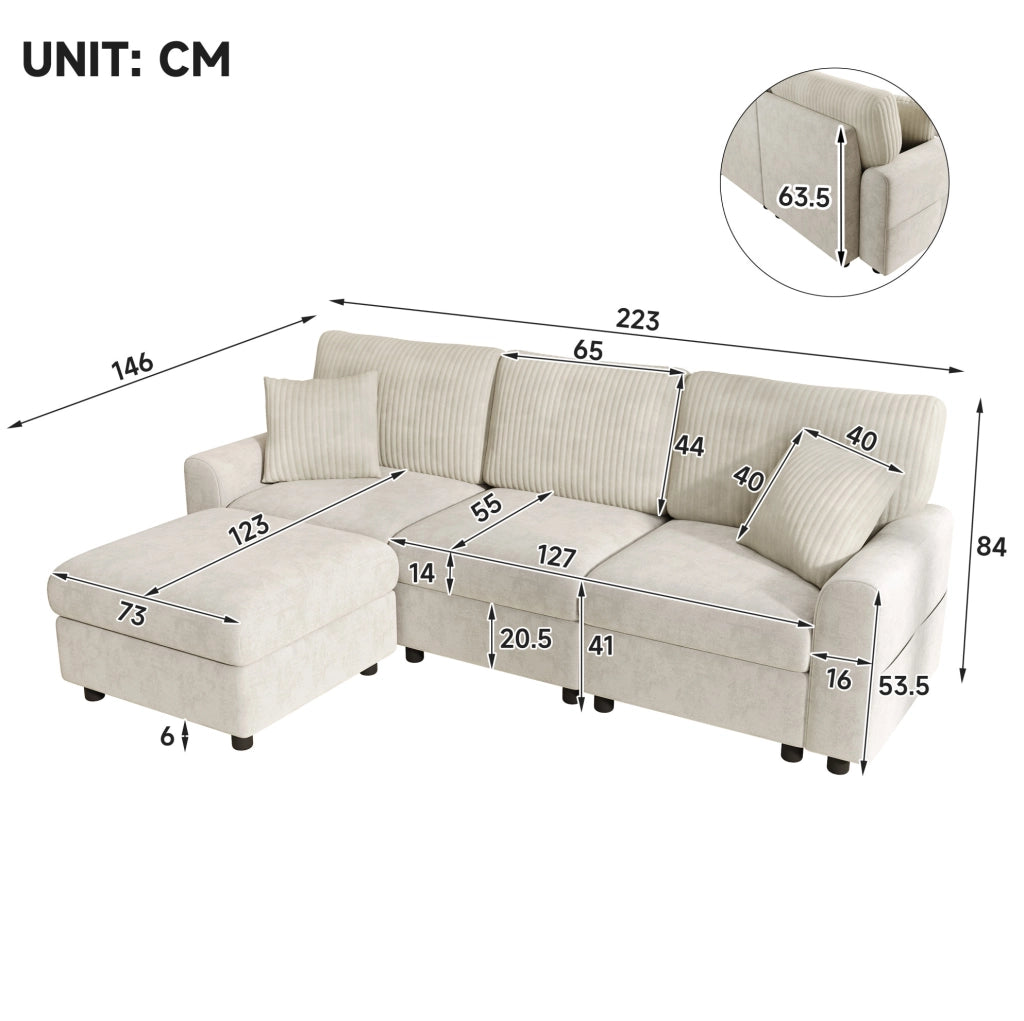 Sofa moderno beige con pouf; 2 cuscini; porta USB e Type-C; 223x146x84 cm