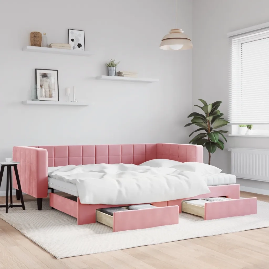 Divano Letto Estraibile con Cassetti Rosa 90x200 cm Velluto 3196766