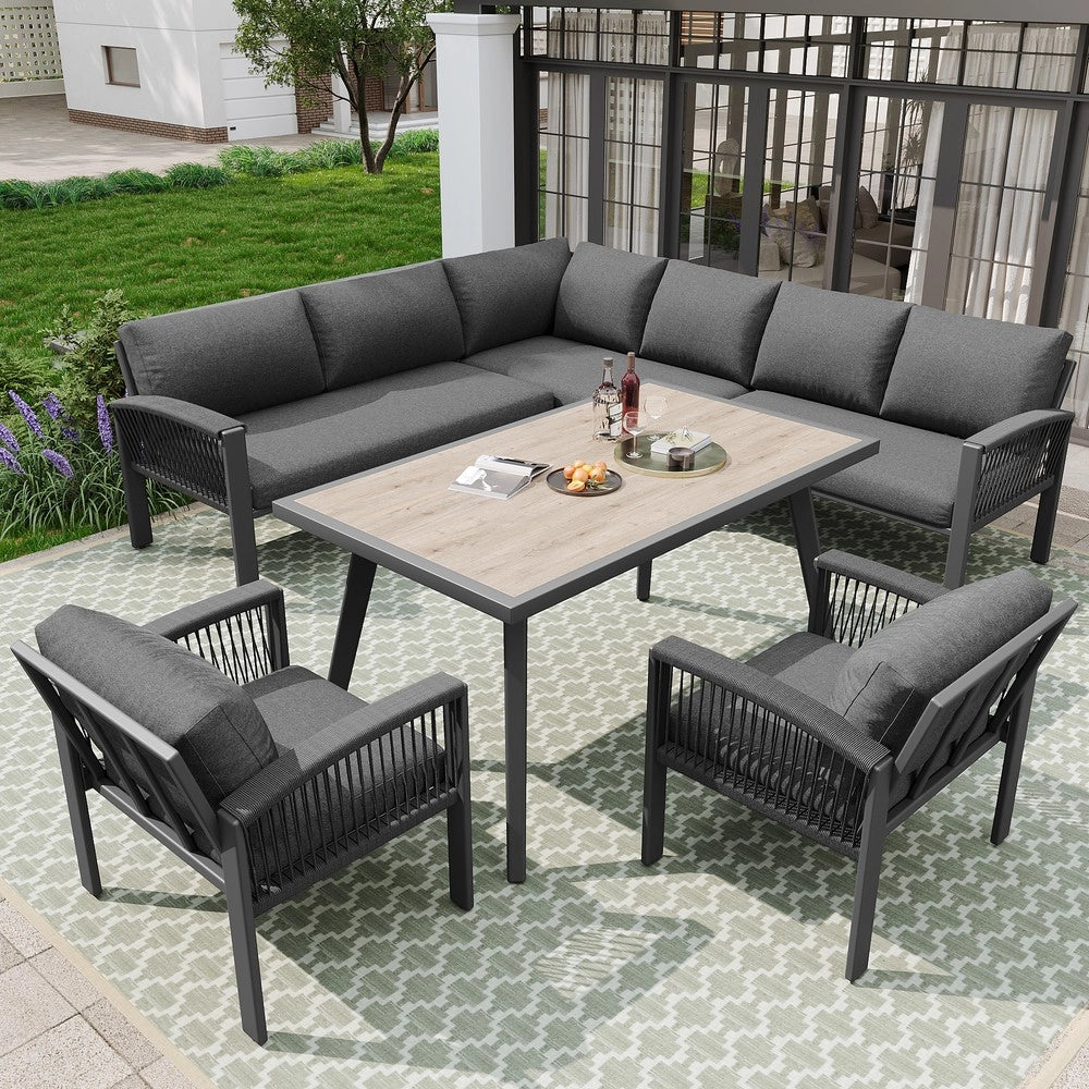 Set Lounge da Giardino 8 Posti con Tavolo ¨C Xylo ¨C Grigio, Corda, Piano Effetto Legno