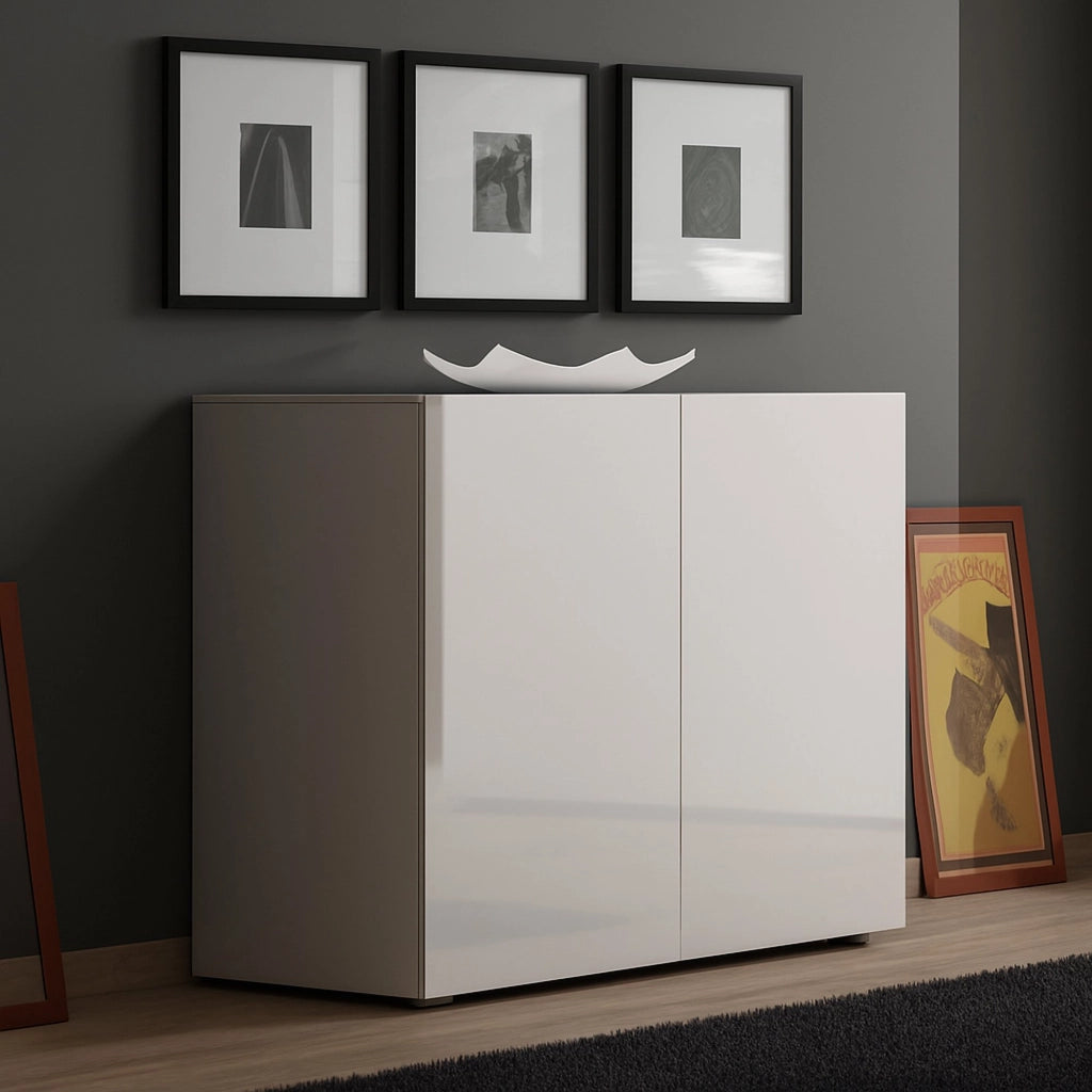 Credenza Ortoclasio, Buffet da soggiorno, Madia da salotto, Dispensa da cucina, Made in Italy, 90x38h79 cm, Bianco lucido