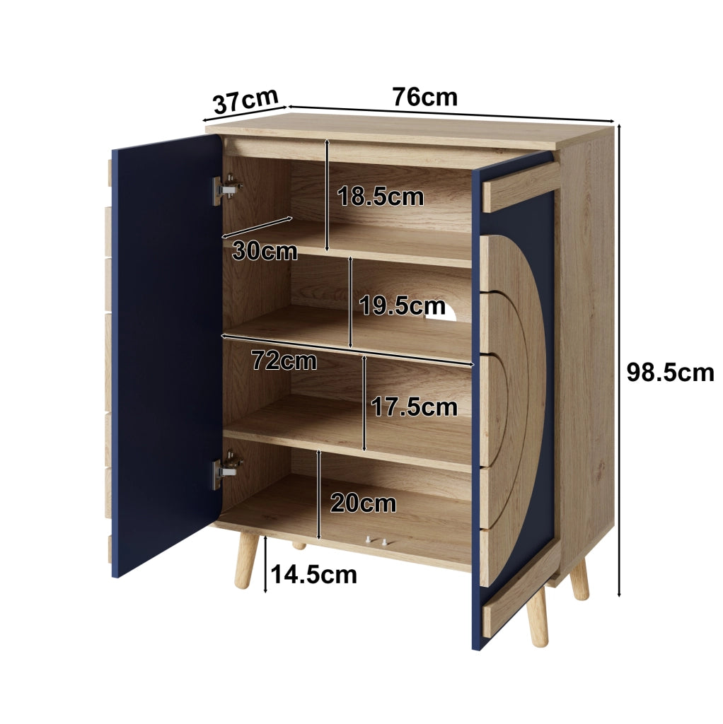 Mobile scarpiera moderno con porte geometriche; 76x37x98;5 cm; in pannelli truciolari blu e naturale