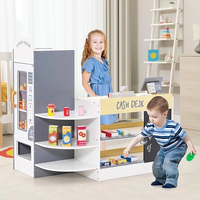 Negozio Alimentare per Bambini, Set di Giocattoli Supermercato in Legno con Cassa, Macchina POS, Distributore Automatico, Lavagna Scrivibile, per Bambini 3 - 8 Anni (Bianco)