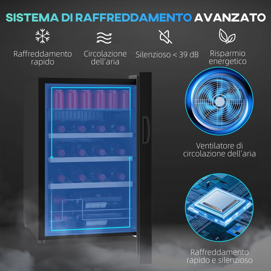 Cantinetta Frigorifero per Vino da 53L con Ripiani Regolabili per 12 Bottiglie e 25 Lattine 43x45x64 cm Nero