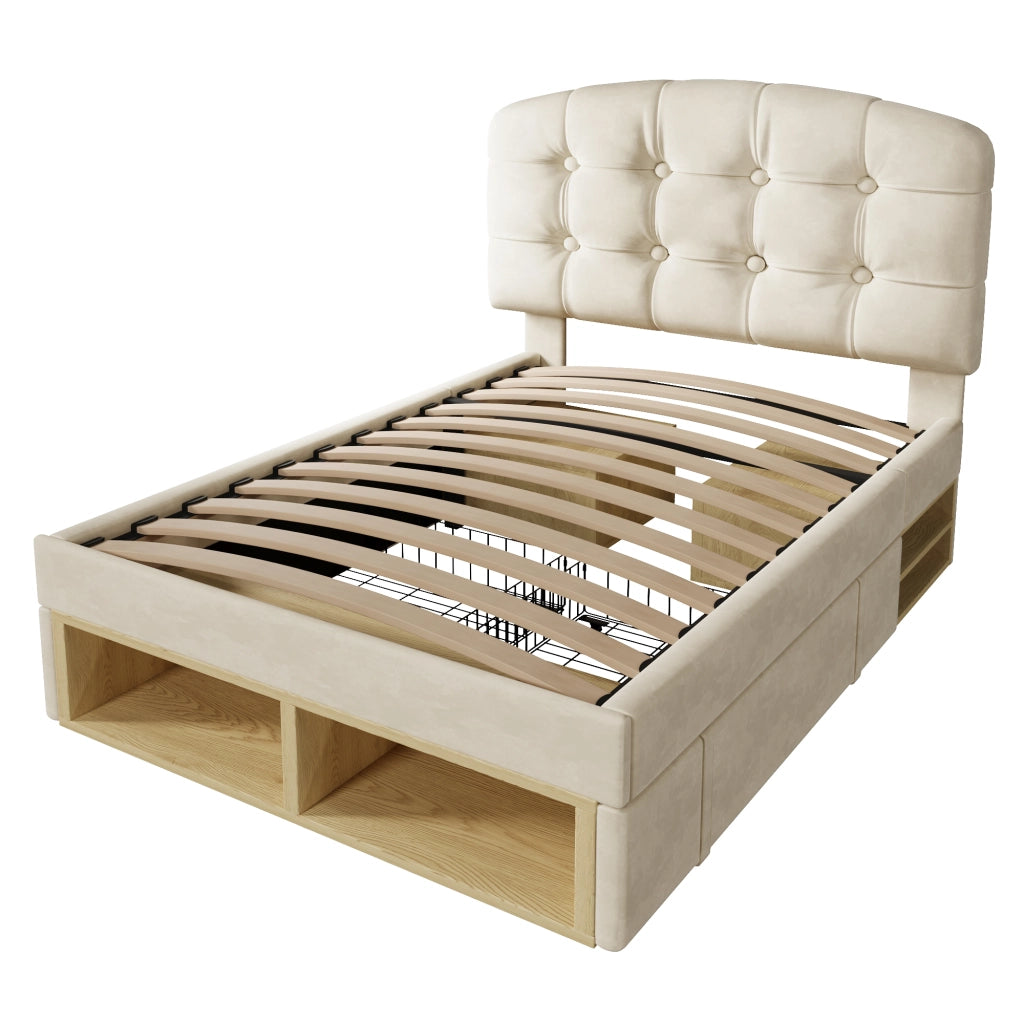 Letto singolo 90x200 cm, rivestito in velluto, testiera regolabile, 2 cassetti, beige