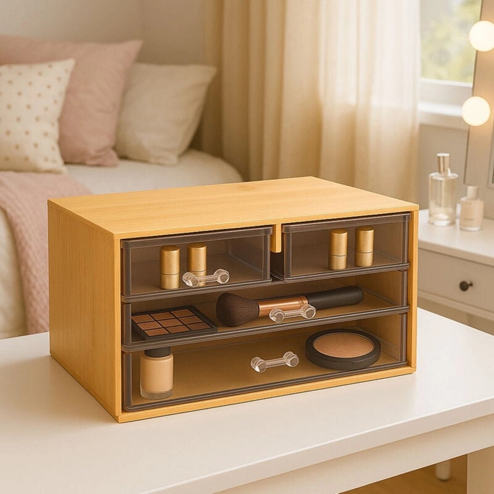 Trade Shop - Porta Gioielli Cosmetici Con 4 Cassetti Organizzatore Casa In Legno 24.3x15.3x11cm 10832 -