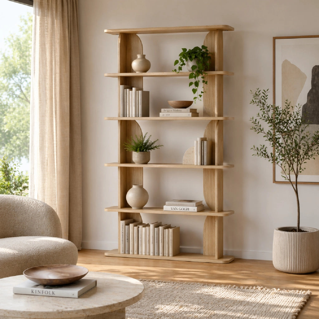 Libreria Moderna In Melaminico Con 5 Ripiani A Giorno Per Soggiorno Salotto Studio Corridoio Zona Living E Ufficio Design Minimal Contemporaneo 120 X 181.5 X 34 Cm Rovere Naturale