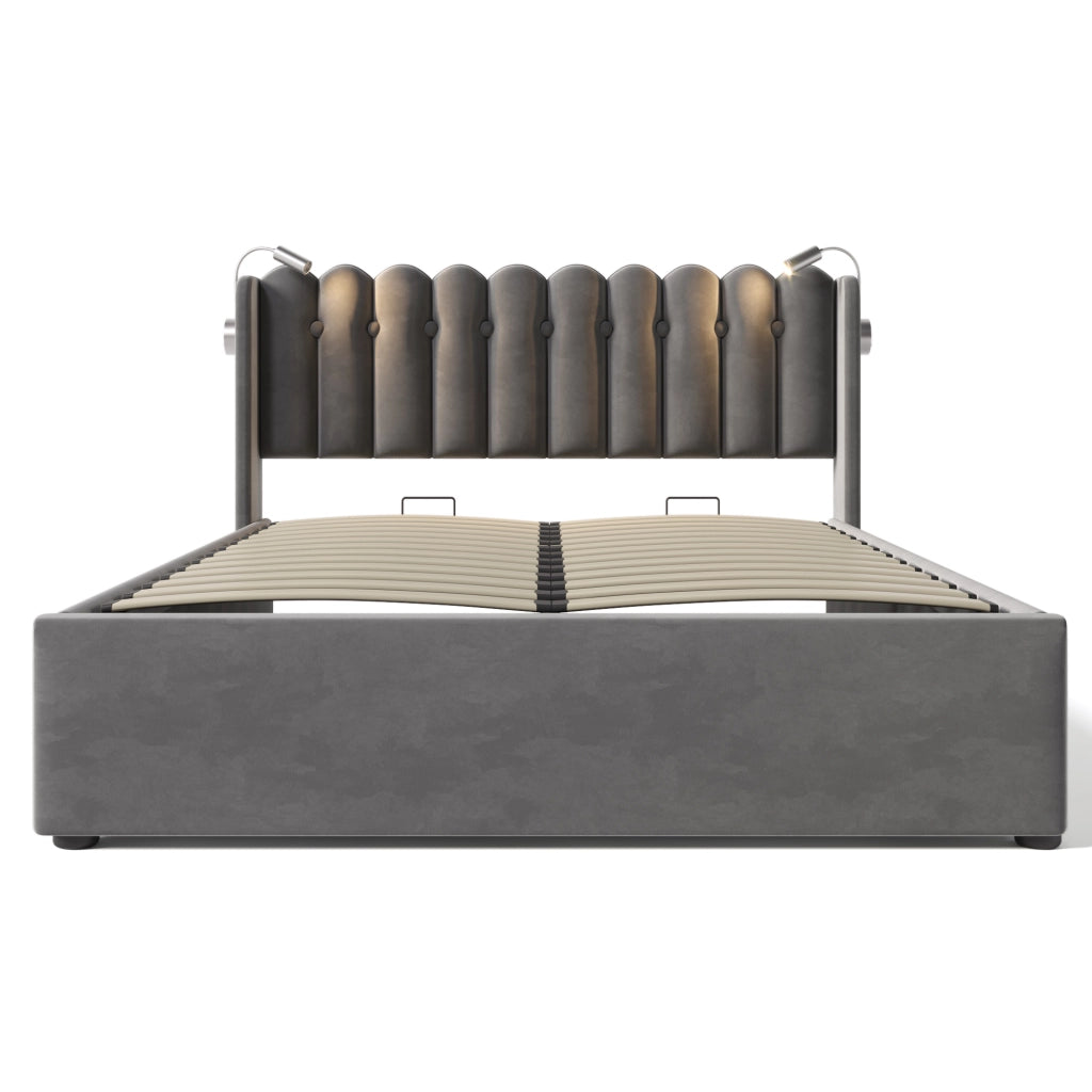 OKWISH Letto Contenitore 160 x 200 cm, Letto Matrimoniale con USB, Luce da Lettura e Vano Contenitore, con Materasso