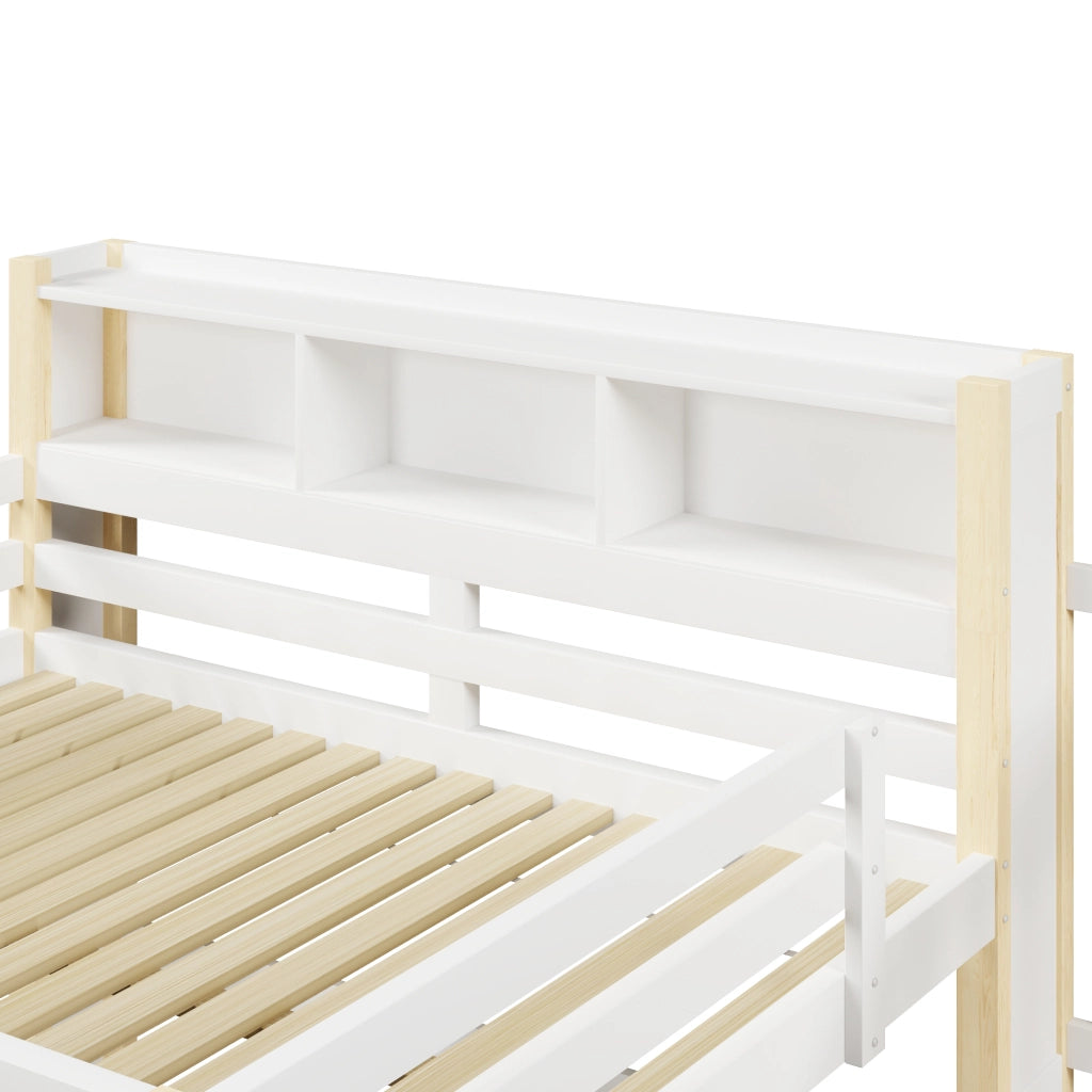 LETTO a soppalco 140x200 cm con LED, scala contenitore, bianco e naturale