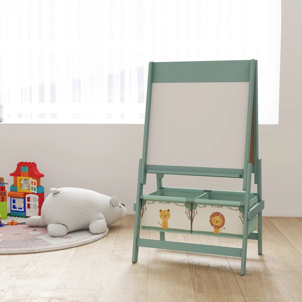 Lavagna per Bambini 3 in 1 54x46x94 cm con Cavalletto Rotolo di Carta e 2 Cestelli in Legno Verde
