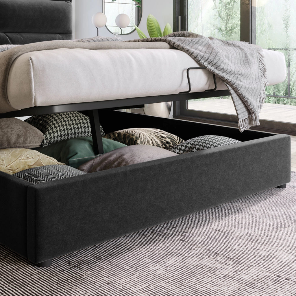 Letto 140x200 cm con contenitore idraulico e testiera regolabile in velluto nero