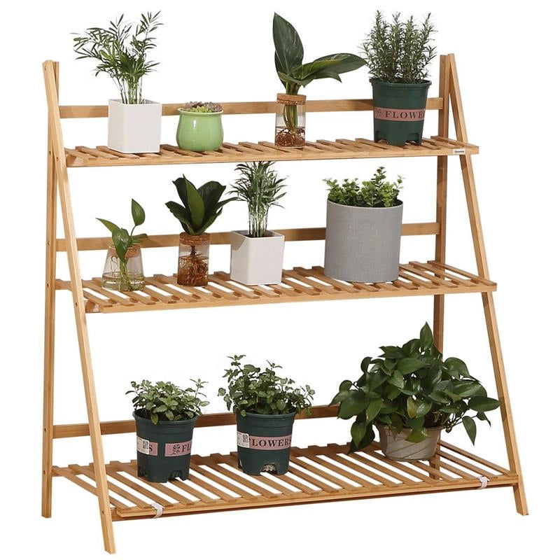 FIORIERA DA ESTERNO A 3 LIVELLI IN BAMBÙ CON DESIGN RIALZATO E PIEGHEVOLE, 98X37X96.5 CM, COLOR LEGNO