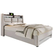 Letti contenitori 90x200 cm con LED e USB; lino beige (Senza materasso)