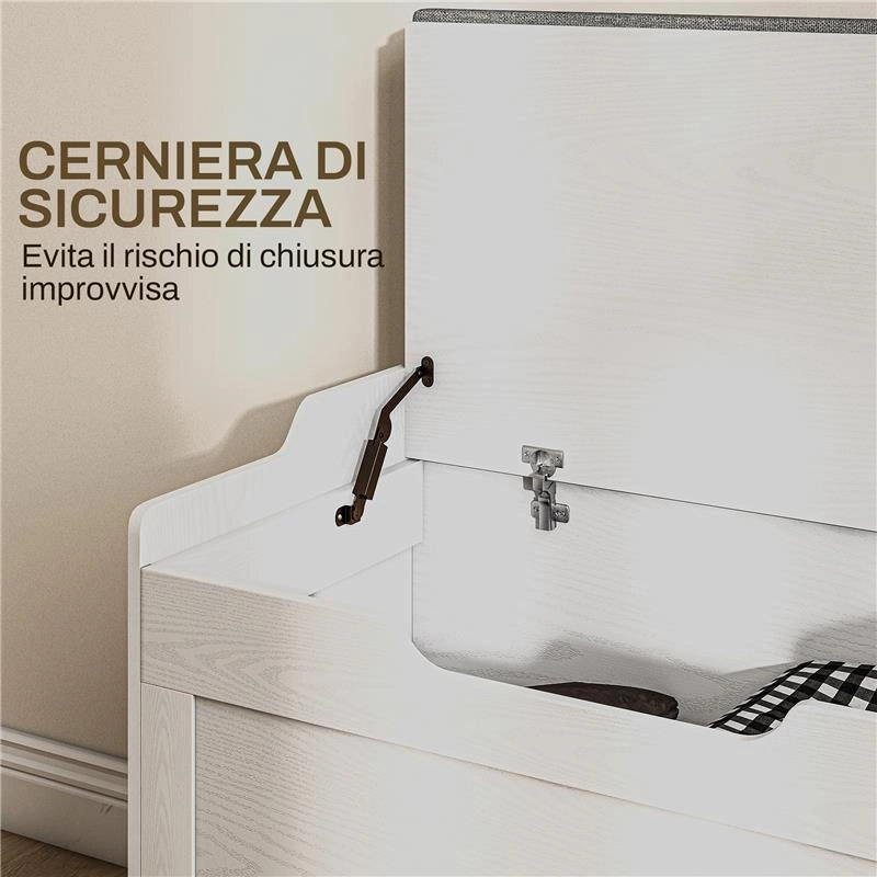 PANCA CONTENITORE DA 103L MULTIFUNZIONE IN LEGNO CON CUSCINO IN TESSUTO 75X40X56 CM BIANCO