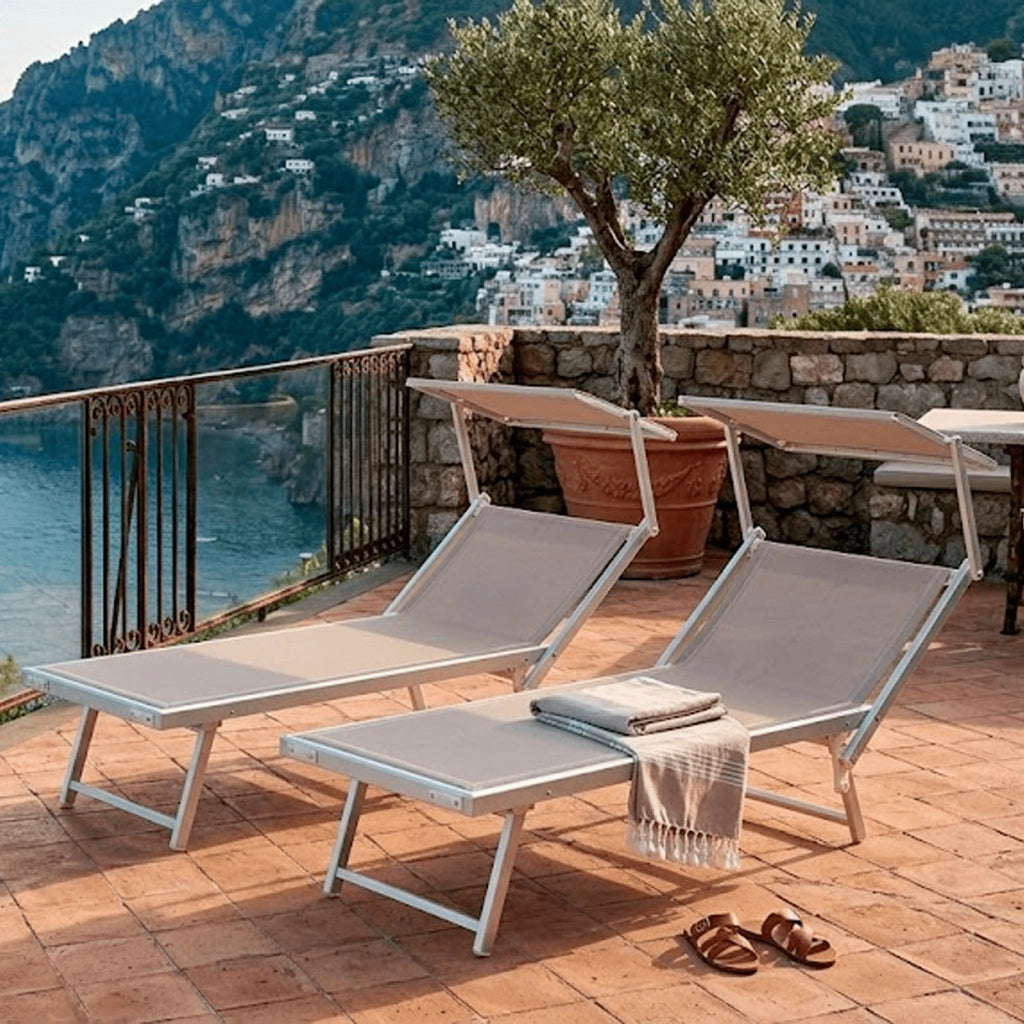 Set 2 Lettini Prendisole Pieghevoli Professionali In Alluminio Leggero Con Tettuccio Parasole Regolabile Sdraio Relax Mare Spiaggia Piscina Giardino Terrazza 182 x 60 x 38 Cm Beige