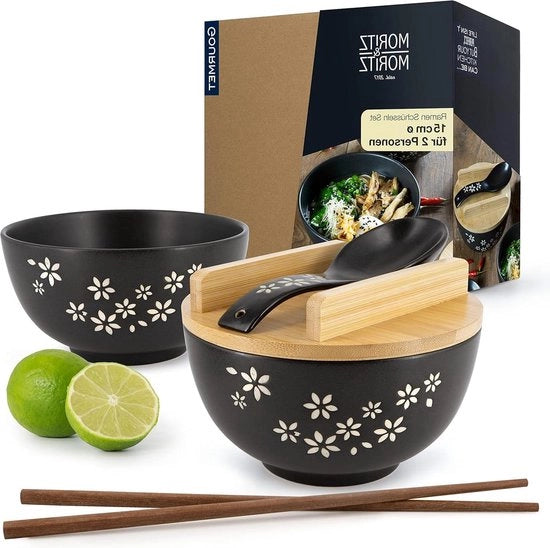 Set di Bowl per Ramen - 600 ml - 15 cm Ø - Bowl Nera per 2 Persone - Incluso coperchio, cucchiaio e spiedini per soffice e Pho Sushi