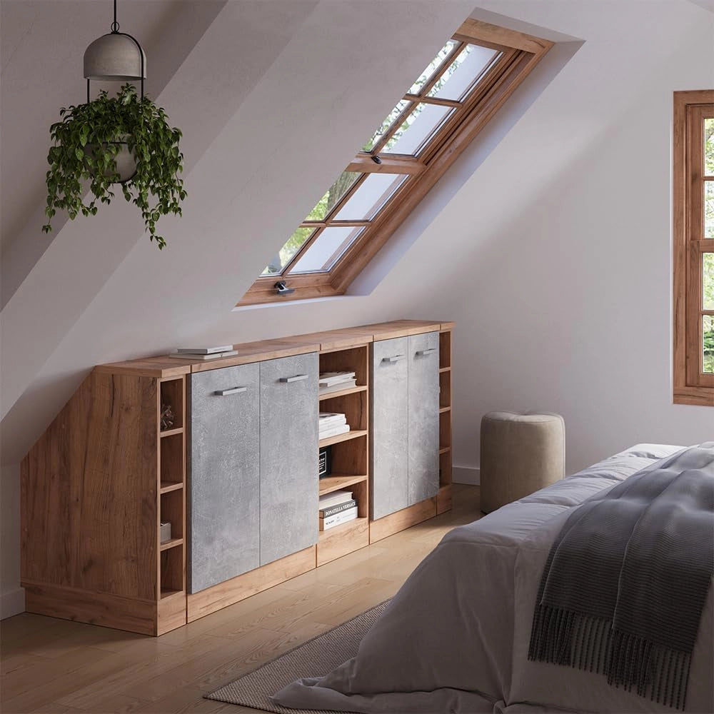 Set di mobili sottotetto Rion, Calcestruzzo, 210 cm Set di 5 carcasse armadio profondità 60 cm, adatto per il salvaspazio sotto tetti spioventi
