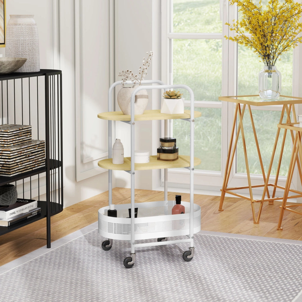 Tavolino con ruote e cestino ¨C zephmum ¨C bianco e legno naturale 49.5x32.5x82.5 cm