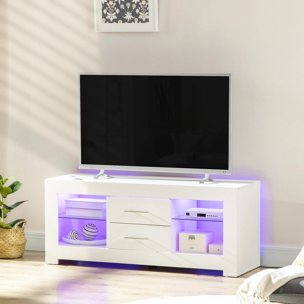 EasyComfort Mobile Porta TV da 55" con Luci LED a 12 Colori e Telecomando, Legno e Vetro 120x40x50cm, Bianco