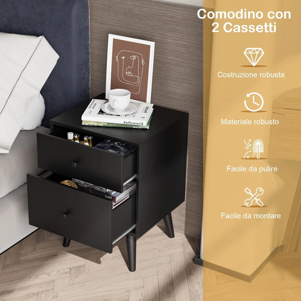 Comodino 45 x 40 x 62 cm per Camera da Letto con 2 Cassetti, Tavolino Moderno da Salotto con Solide Gambe in legno di Gomma, Mobile Salvaspazio per Soggiorno (Nero)
