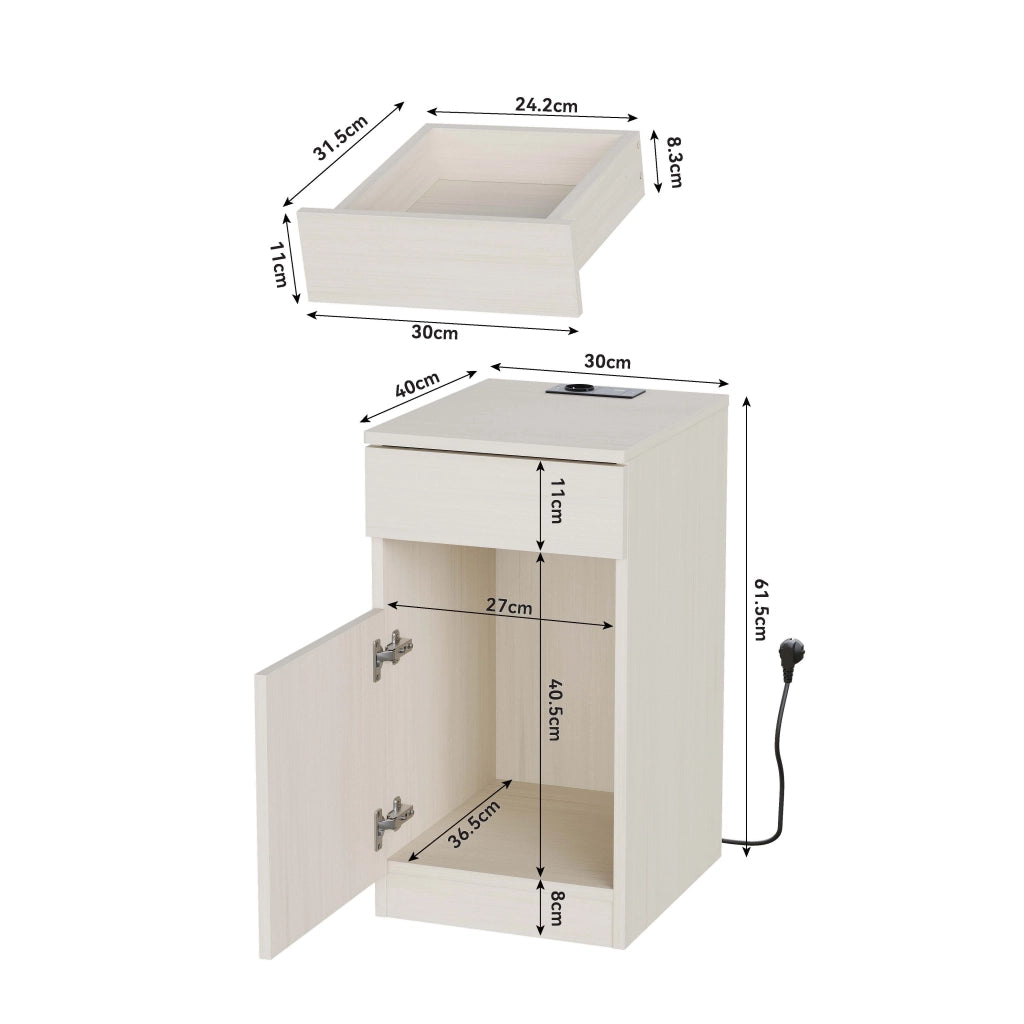 Comodino con stazione di ricarica USB-A USB-C e presa AC, 1 cassetto, per camera, 33 × 40 × 61,5 cm