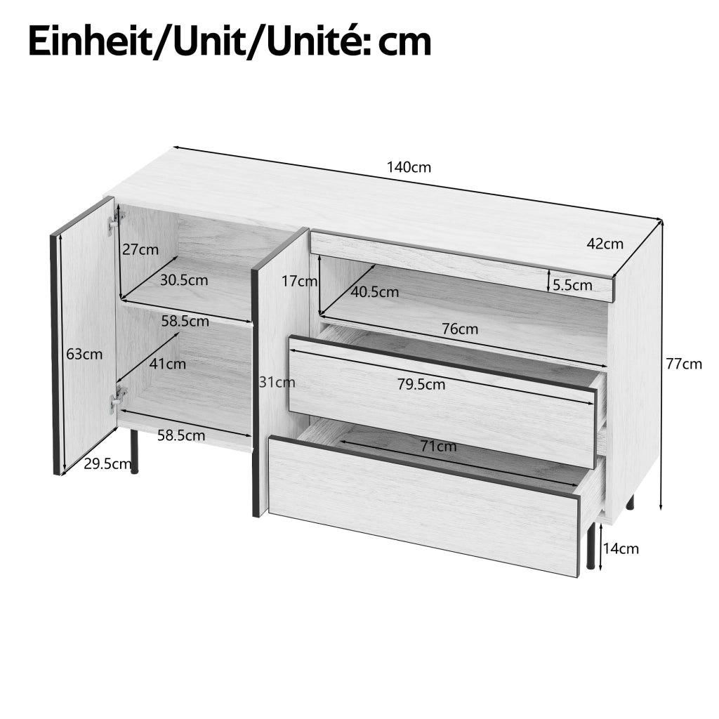 Credenza con 2 Ante; 2 Cassetti e Ripiani Aperti per Soggiorno e Sala da Pranzo in Legno 140 × 42 × 77 cm Bianco