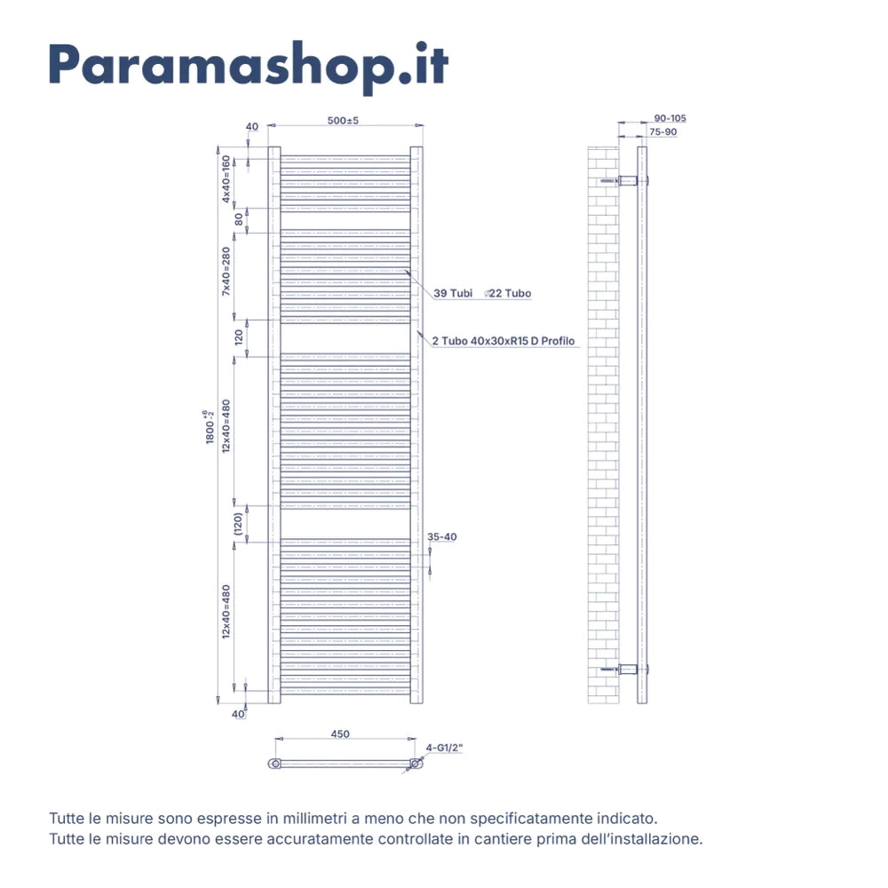 Termoarredo idraulico 1800x500 nero opaco interasse 450 | Polaris