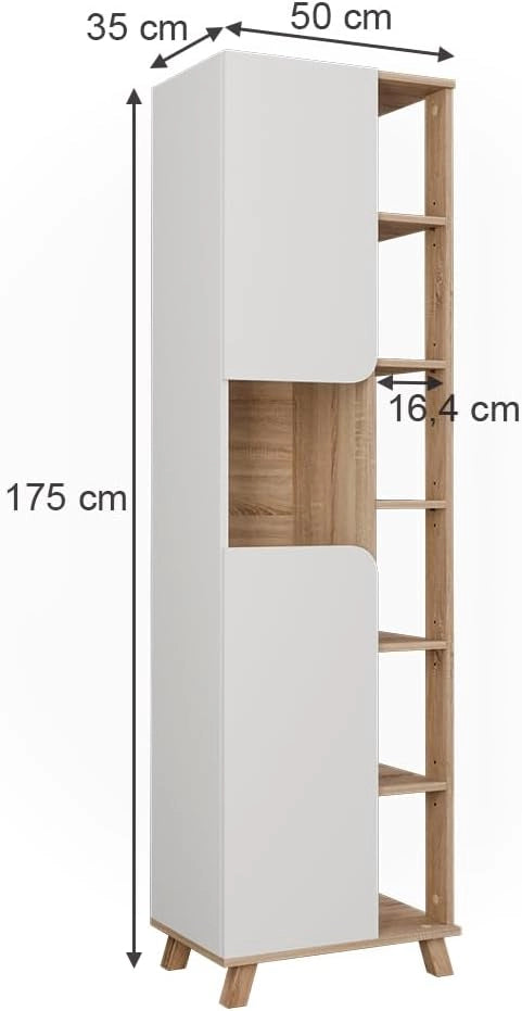 Mobile da bagno Karen, Sonoma/Bianco, 50 x 175 cm con 2 porte, per la conservazione di articoli da bagno e asciugamani