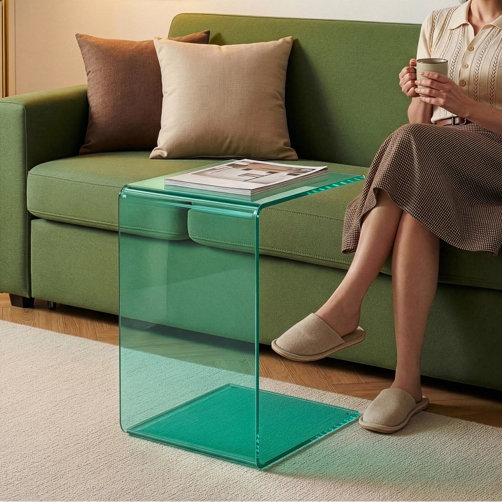 Tavolino Laterale Trölmapilu a Forma di C in Vetro 60 x 40 x 40 cm - Verde [en.casa]