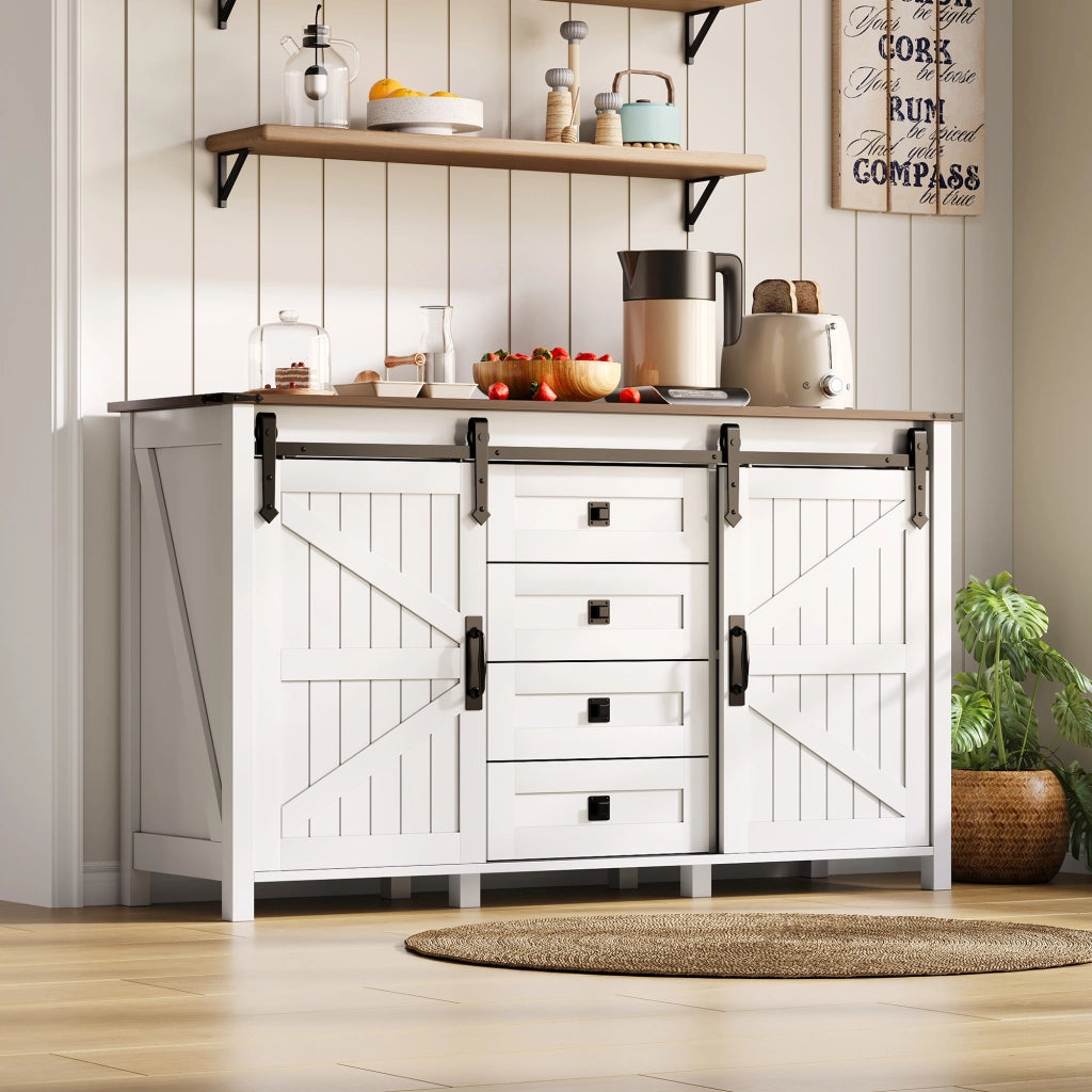 Credenza con 2 ante scorrevoli e 4 cassetti - per cucina e soggiorno - in MDF - 137 x 40 x 81.5 cm - bianco