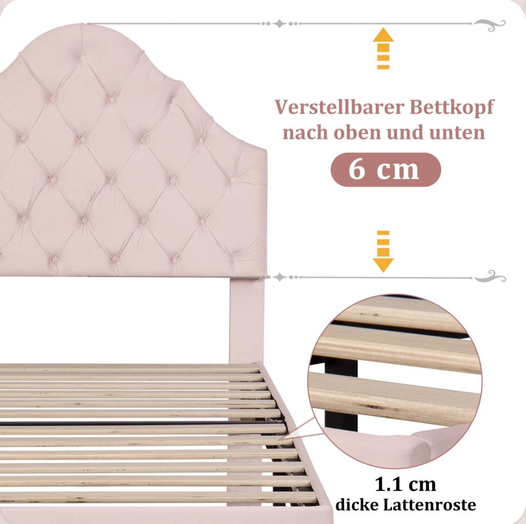Letto imbottito in velluto rosa 90 x 200 cm con rete e testiera regolabile