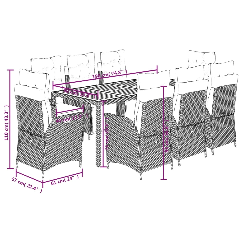 Set da Pranzo da Giardino 9 pz con Cuscini Nero in Polyrattan