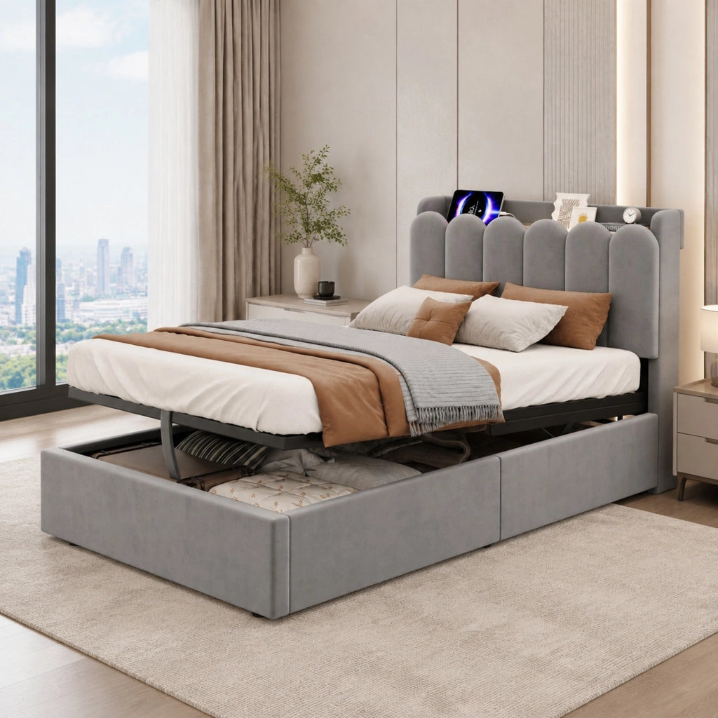 Letto per bambini in velluto grigio con contenitore, rete e luce