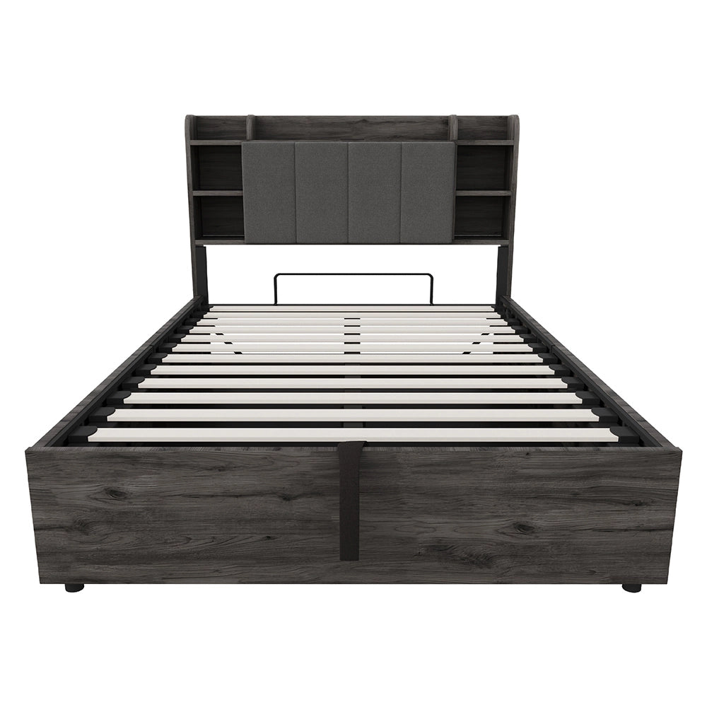 Letto-Xylo-140x200 cm-idraulico, USB-C, testiera con ripiano, grigio