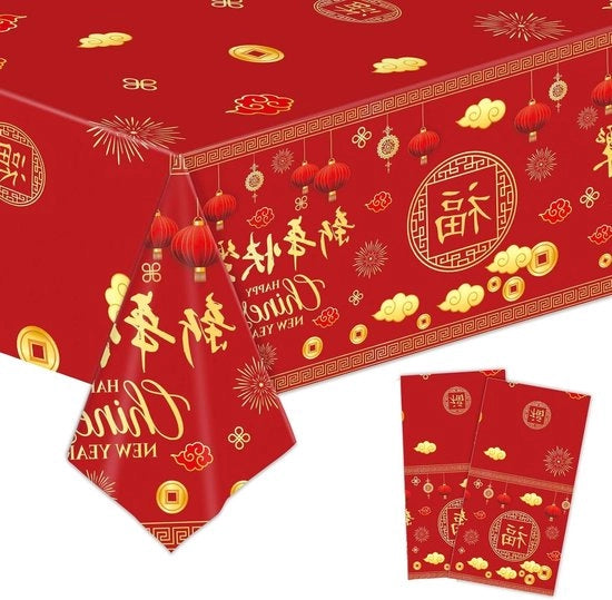 Decorazioni per tavola di Capodanno cinese - copertina plastica monouso - 2 pezzi - rosso 137 * 221 cm - Buon Capodanno - decorazioni per festival della Primavera cinese