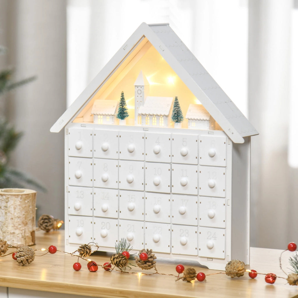 Calendario dell'Avvento  39x9x42 cm 24 Cassetti Villaggio di Natale con Alberi e Luci Bianco
