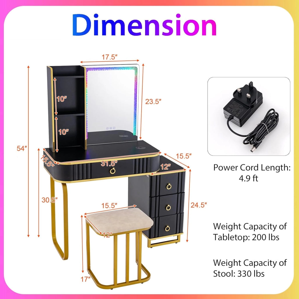Tavolo da toeletta con sgabello, tavolo cosmetico con specchio, striscia LED RGB, bordo specchio diamantato, 7 modalità LED statiche e 7 dinamiche, tavolo da toeletta con stazione di ricarica
