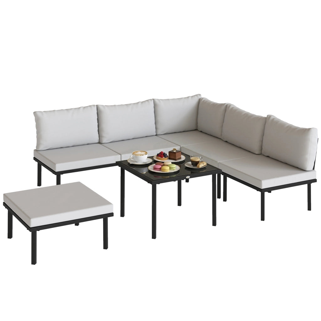 Set Mobili Giardino Metallo 6 Persone. Divano Angolare Cuscini. Grigio Chiaro