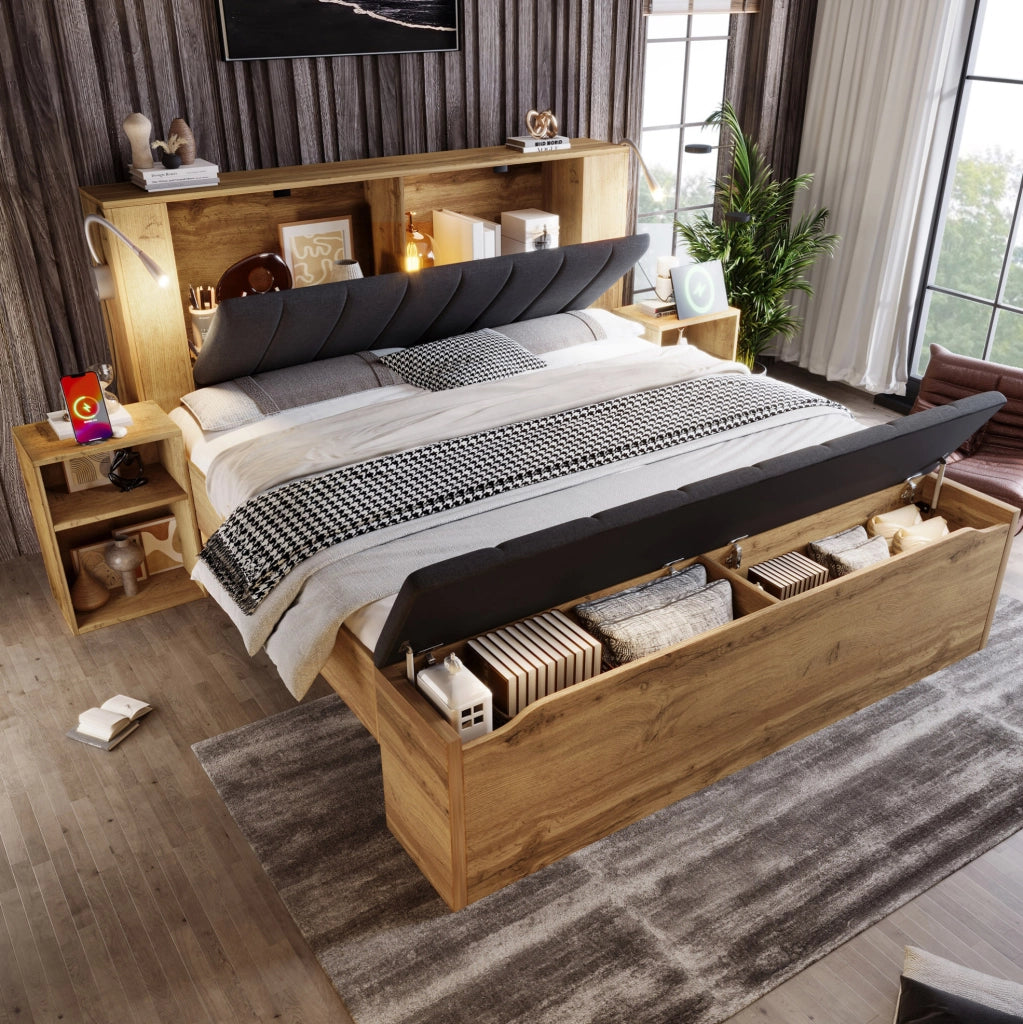 Letto matrimoniale 160x200 cm con comodini, panca e USB