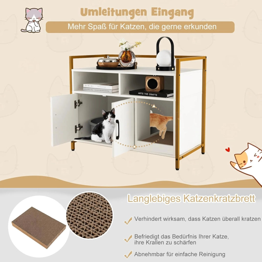 Mobile Lettiera per Gatti con 3 Ripiani Aperti e 2 Ante, Armadietto per Gatto in Legno, Grotta Rifugio con Grattatoio in Cartone Multiuso per Ingresso e Soggiorno (Bianco, 89 x 45 x 74,5 cm)