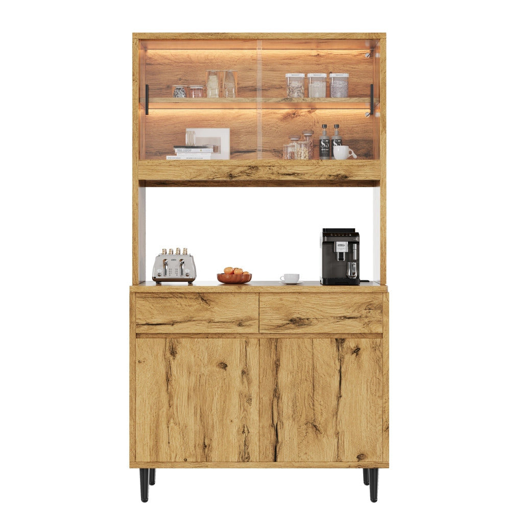 Credenza alta con LED e prese con 1 USB-A e 1 USB-C per soggiorno e sala da pranzo, 100 × 40 × 185 cm